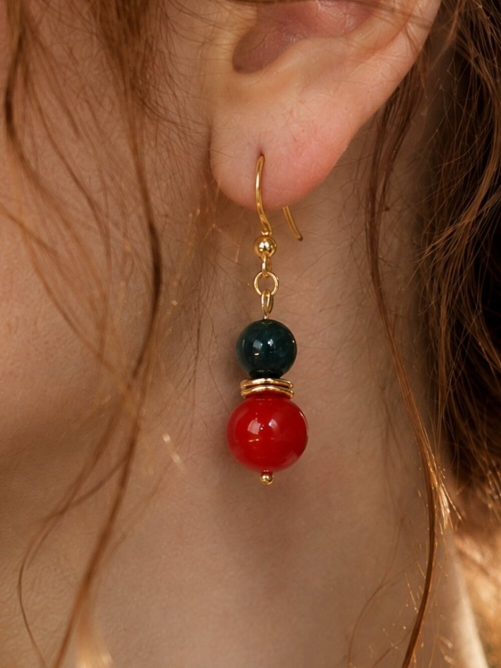 Red Coral & Indian Agate Earrings, Woodland Cottagecore Dangles